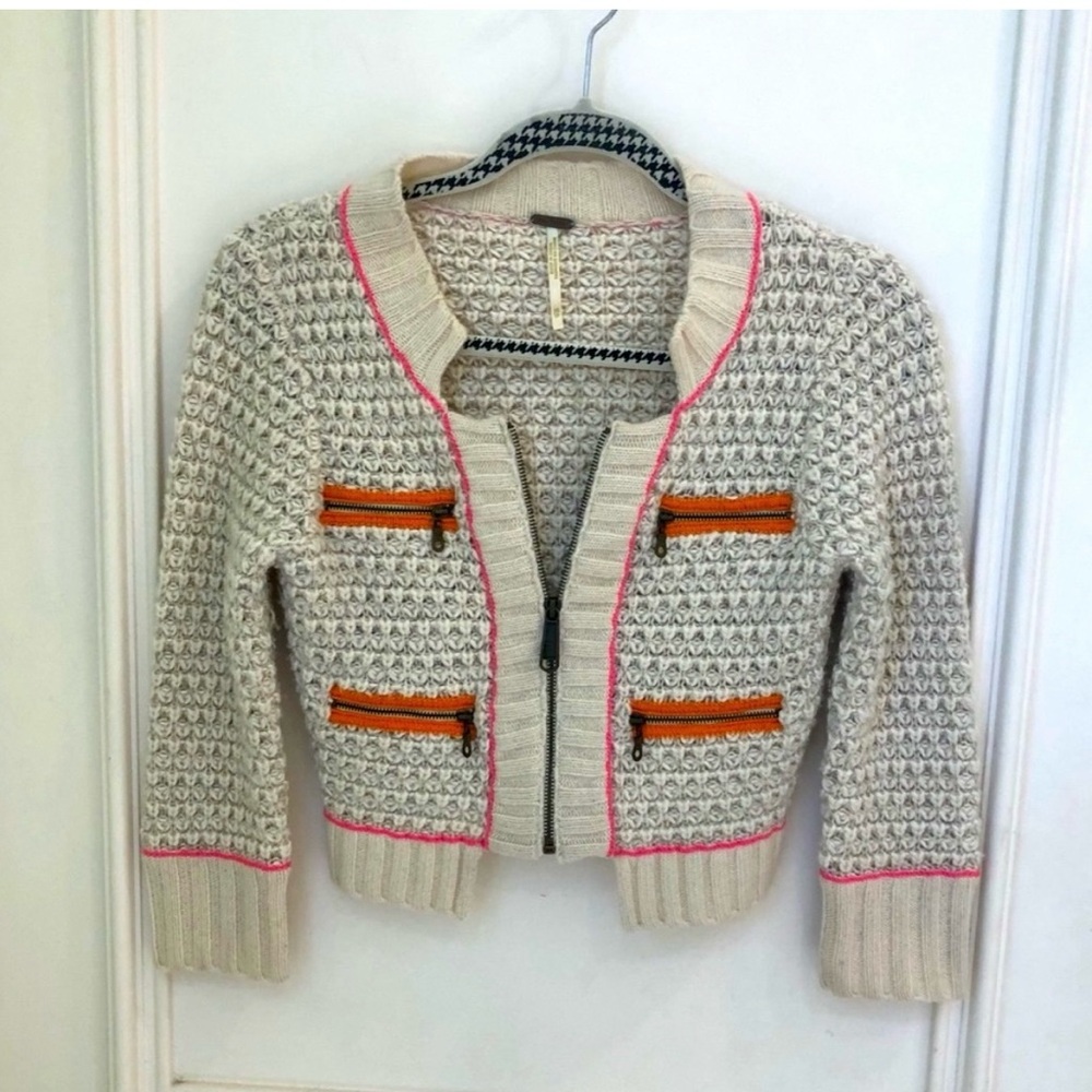 Free People Cream and Pink Cropped Cardigan Sweater